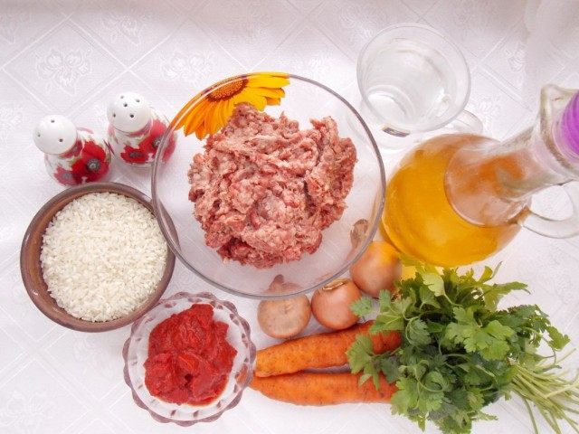 Ингредиенты для приготовления тефтелей, запечённых в томатной подливке