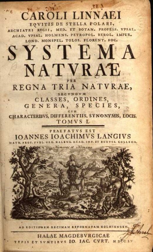 Титульный лист десятого издания Systema Naturae (1758) Титульный лист десятого издания Systema Naturae (1758)