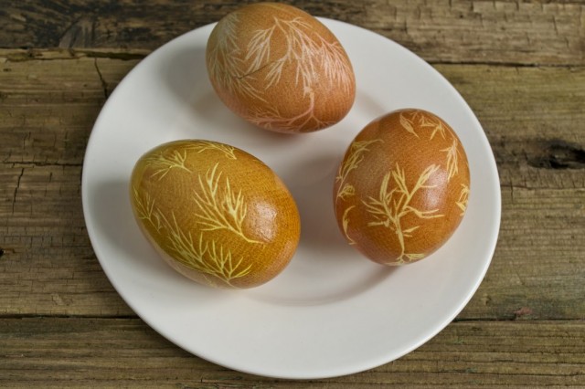 Крашенные яйца с узором из укропа смазываем растительным маслом