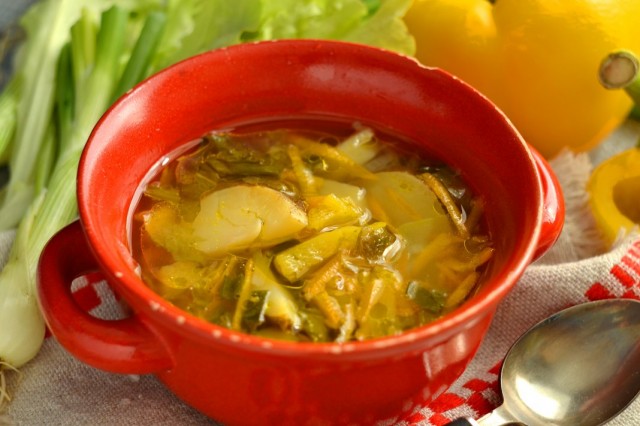 Свежие щи с курицей и листовым салатом Свежие щи с курицей и листовым салатом