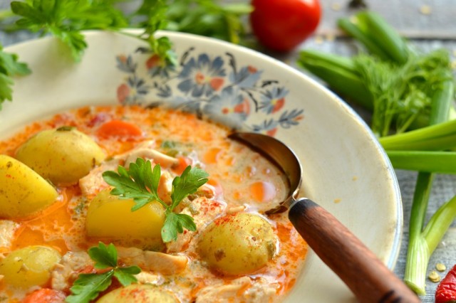 Суп-гуляш из курицы с молодым картофелем и зелёным луком Суп-гуляш из курицы с молодым картофелем и зелёным луком