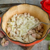 К мясу добавляем мелко нарезанный репчатый лук К мясу добавляем мелко нарезанный репчатый лук
