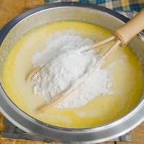 Добавляем просеянную муку к остальным продуктам Добавляем просеянную муку к остальным продуктам