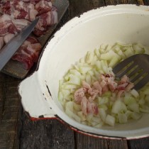 Срезаем немного жира и режем мелкими кубиками. Обжариваем лук и вытапливаем сало Срезаем немного жира и режем мелкими кубиками. Обжариваем лук и вытапливаем сало