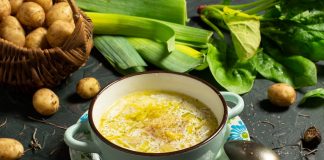 Летний сливочный суп со спаржей, молодым картофелем и луком пореем