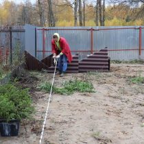 Чтобы «забор» у нас получился красивым и ровным сначала нужно его распланировать. Для этого натягиваем шнур и по нему уже отмечаем места под посадочные ямы Чтобы «забор» у нас получился красивым и ровным сначала нужно его распланировать. Для этого натягиваем шнур и по нему уже отмечаем места под посадочные ямы