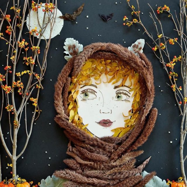 Картина девушки из природного материала