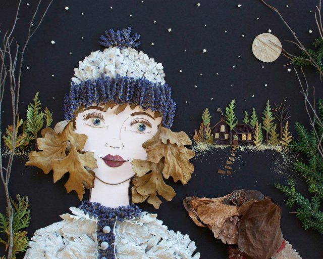 Картина девушки с собакой из природного материала