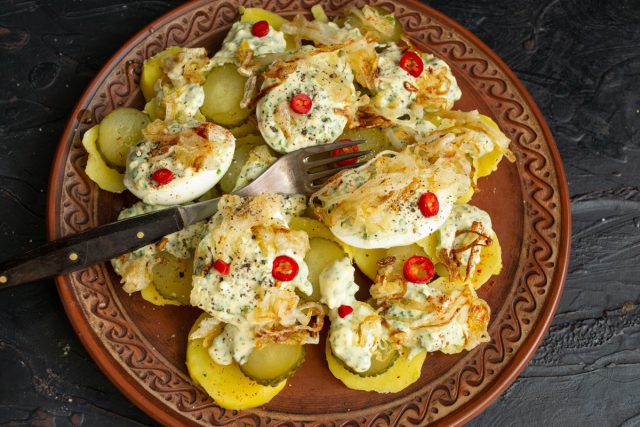 Украшаем готовый салат колечками чили, перчим свежесмолотым черным перцем. Украшаем готовый салат колечками чили, перчим свежесмолотым черным перцем.
