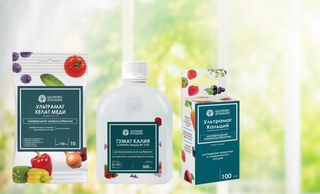 Комплекс поддерживающих подкормок от «Щёлково Агрохим» состоит из нескольких удобрений – гумат калия «Суфлёр», Ультрамаг хелат меди и Ультрамаг кальций.