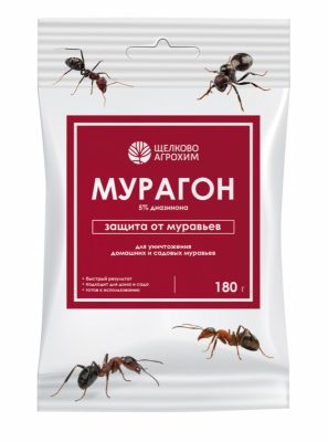 Препарат «Мурагон» в форме гранул представляет собой аппетитную для муравьёв пищевую приманку с добавлением контактно-кишечного инсектицида диазинона.