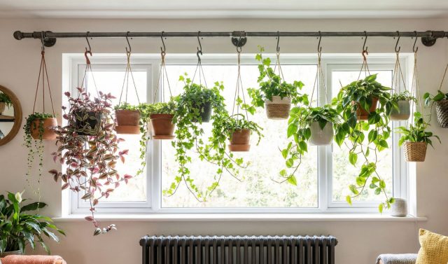 Неожиданно, но держатели и крючки можно приспособить для создания живых штор из подвесных кашпо с ампельными и вьющимися растениями.