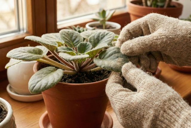 Вязаные перчатки позволяют очищать листья сразу с двух сторон, поддерживая их снизу. Такой способ особенно удобен для растений на длинных стеблях: пыль снимается быстро, а лист не сгибается и не ломается.