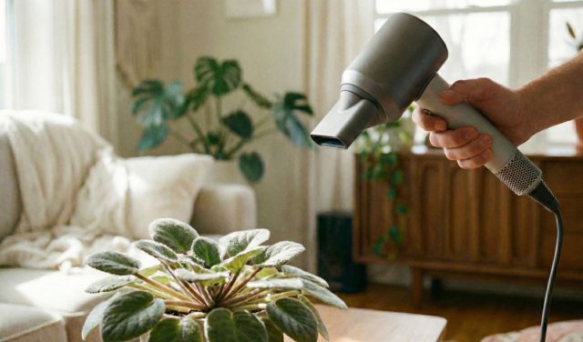 Холодный поток воздуха — безопасный сухой способ очистки опушенных растений. Он сдувает пыль без контакта с листом и исключает риск переувлажнения, особенно актуальный в прохладных помещениях и в зимний период.