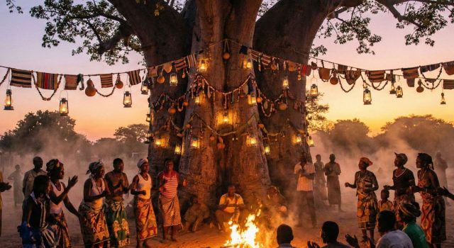 Во многих странах Африки роль рождественской ели играет могучий баобаб. Его не рубят, а наряжают прямо на улице фонарями и тканями. Это священное дерево олицетворяет мощь, долговечность и связь между землей и небом.