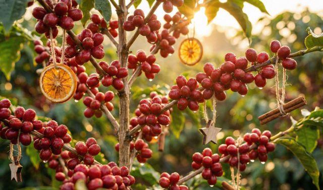 В Никарагуа новогодним символом служит кофейное дерево. Растение с красными ягодами ставят в доме как знак достатка и плодородия. На фото ветви украшены натуральным декором — сушеными апельсинами и корицей.