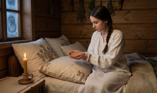 Зерно — древний символ плодородия и новой жизни, неотъемлемая часть святочных гаданий. Девушки искали зерна, подметая пол, чтобы узнать о замужестве, или высыпали их на себя перед сном в надежде увидеть вещий сон о своем будущем.