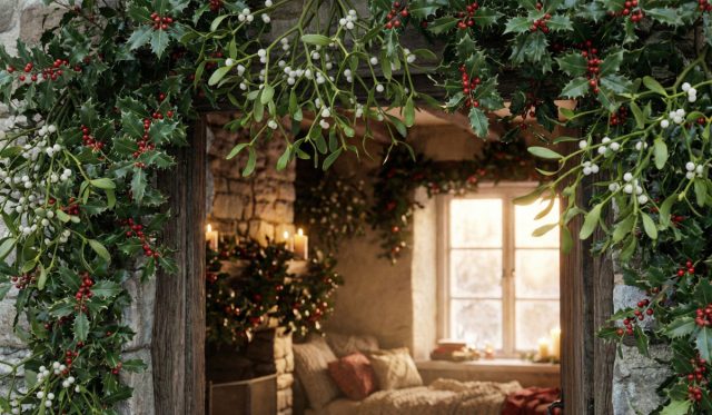 Обычай украшать вход вечнозелеными растениями пришел из древности. Кельты вешали омелу над порогом для защиты от духов, а сегодня пышные гирлянды из падуба и омелы — это символ гостеприимства, благословения дома и рождественской радости.