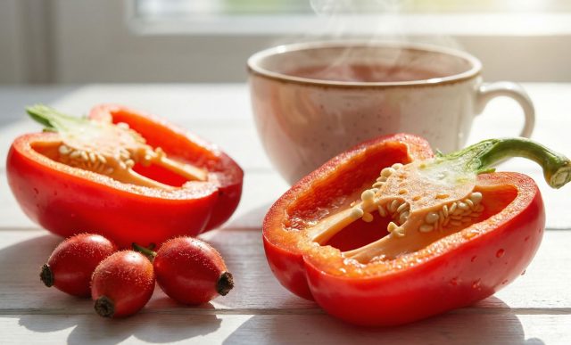 Зимой красный болгарский перец и шиповник — лучшие союзники иммунитета. Перец даёт >200 мг витамина С на 100 г + бета-каротин для защиты слизистых от вирусов. Шиповник бьёт рекорд: до 1000 мг в 100 г сушёных ягод (в 15–20 раз больше лимонов).