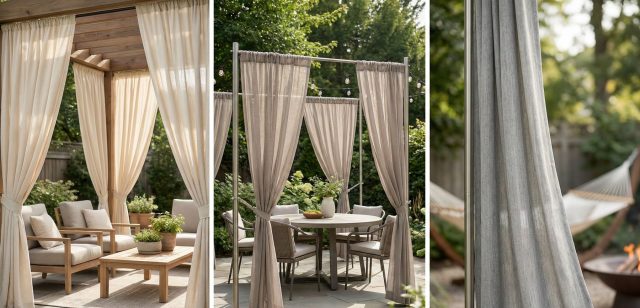 Текстиль придает саду мягкость и интерьерный уют. Уличные шторы — самый быстрый способ защититься от солнца и взглядов. Они позволяют за секунду превратить открытую перголу в закрытый «кабинет» или приватную обеденную зону.