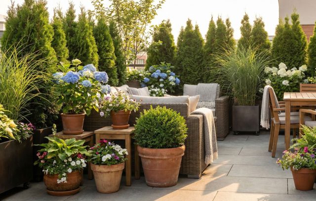 Мобильный сад в контейнерах позволяет гибко управлять пространством террасы. Используя кашпо на колесиках с туями или гортензиями, вы можете менять границы зоны отдыха, создавая живой заслон именно там, где он нужен сейчас.