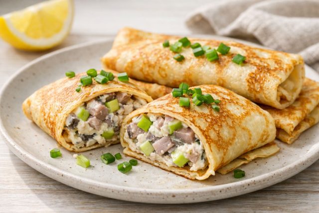 Плотная текстура соленой сельди здесь встречается с звонким хрустом кислого яблока. Сливочно-пряный соус с каперсами мягко связывает эти противоположности, создавая насыщенный, но свежий вкус для начала застолья.