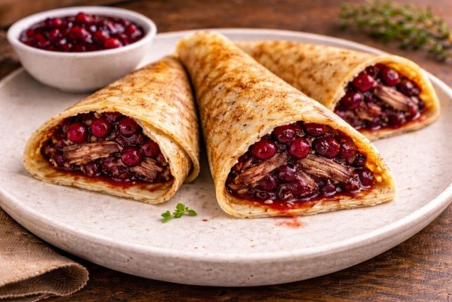 Мясо утки обладает выраженным вкусом, который требует кисло-сладкого сопровождения. Брусничный соус дает именно ту терпкость, которая «облегчает» восприятие жирного мяса, превращая блин в полноценное горячее блюдо.