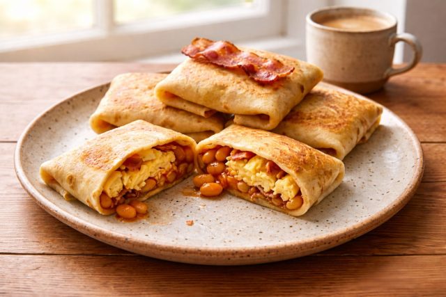 Плотная начинка для насыщения: солоноватый бекон хрустит, а мягкая фасоль в томате добавляет сочности. Яйца работают как связующее звено, делая вкус обволакивающим, цельным и по-настоящему утренним.