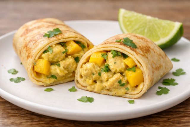 Пряный аромат карри и мягкая острота курицы здесь неожиданно дополняются сочными, сладкими кубиками манго. Фрукт освежает рецепторы и делает суховатое филе удивительно сочным, создавая яркий тропический акцент.