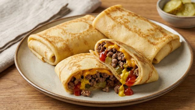 Узнаваемый вкус фастфуда: сочное мясо, расплавленный чеддер и кислинка маринованных огурцов. Смесь кетчупа и горчицы завершает композицию, делая блин почти неотличимым от настоящего бургера в мягкой булке.