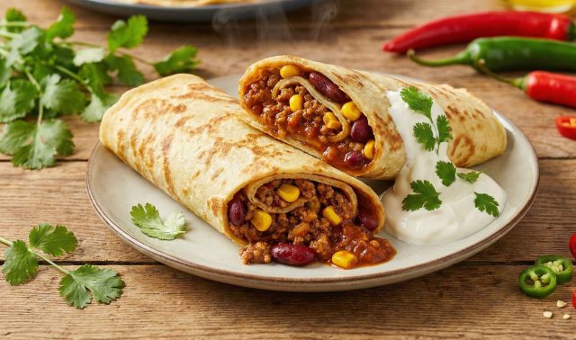 Густая смесь текстур: мягкая фасоль, хрустящая кукуруза и волокнистое мясо. Острота чили согревает, а свежая кинза добавляет необходимый ароматный акцент, превращая блин в полноценный сытный обед.