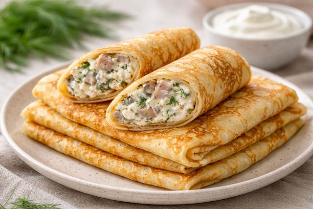 Солоноватая рыба и нейтральный, рассыпчатый творог создают мягкий контраст, напоминающий вкус хорошего форшмака. Свежий укроп добавляет аромата, а сметана делает начинку пластичной, чтобы она приятно таяла во рту.