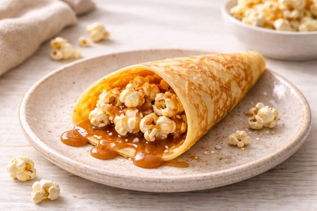 Игра контрастов: мягкое теплое тесто и сухой хрустящий попкорн внутри. Тягучая соленая карамель связывает всё вместе, создавая ощущение кинотеатра. Главное — есть быстро, пока попкорн сохраняет свою воздушность.