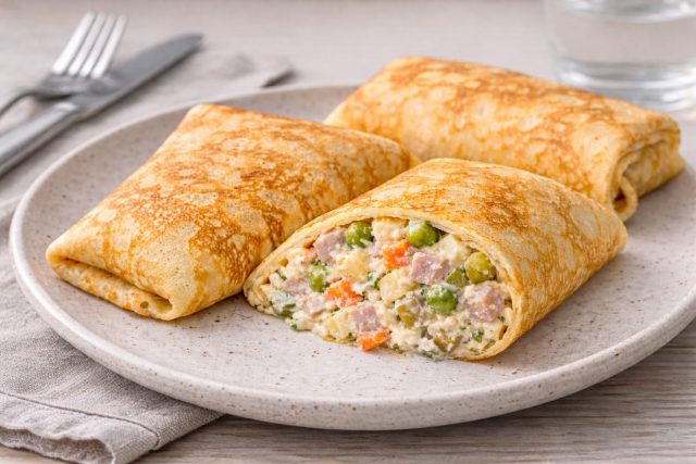 Сытный вариант, где вкус любимого салата становится теплым и домашним. Мелкая нарезка здесь критически важна: начинка получается однородной, легко жуется и пропитывается соусом, не выпадая кусками при укусе.