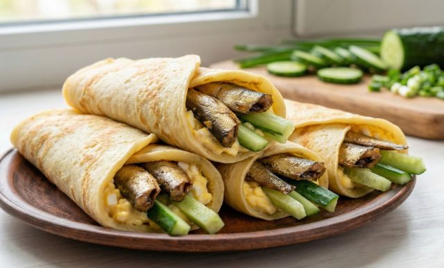 Копченый аромат шпрот вызывает ностальгию, а свежий огурец отвечает за сочность и хруст. Яичная паста работает как мягкая «подушка», смягчая яркий рыбный вкус и делая блюдо гораздо нежнее привычного бутерброда.