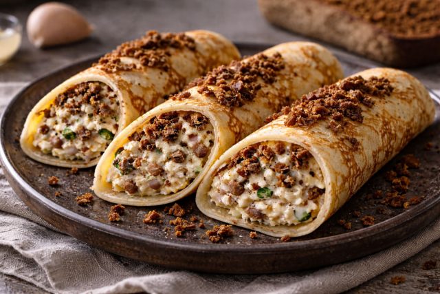 Калорийная начинка с кремовой текстурой перемолотого сала, которую пронзает острота чеснока. Крошки бородинского хлеба не только для вкуса — они приятно похрустывают на зубах, создавая интересную игру текстур.