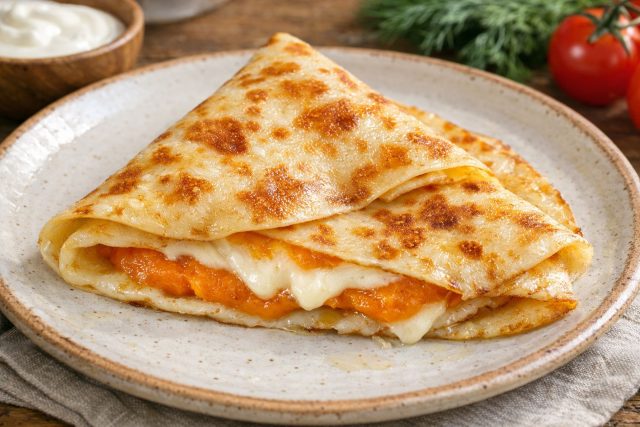 Овощная сладость икры смешивается с солоноватым, тягучим сыром, создавая густой насыщенный вкус. Помидор добавляет кислинку и сок, не давая начинке стать приторной. Отличный вариант для любителей овощей.