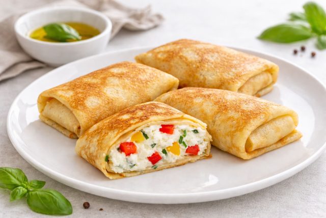 Мягкий сливочный сыр служит идеальным фоном для яркого, пикантного и слегка кисловатого вкуса маринованного перца. Зелень и масло добавляют свежести, превращая блин в изысканную средиземноморскую закуску.