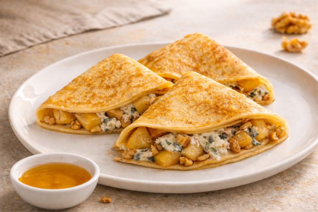 Медовая сладость теплой груши переплетается с острой, пикантной плесенью сыра. Грецкие орехи вносят важный текстурный элемент, приятно похрустывая и оттеняя маслянистость сыра своим терпким вкусом.