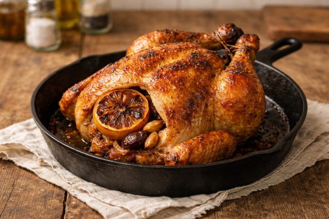 Лимон, втертый в кожу курочки и спрятанный внутрь курицы вместе с чесноком, помогает получить ту самую золотистую корочку: снаружи хруст, внутри сочное мясо с чистым ярким ароматом.