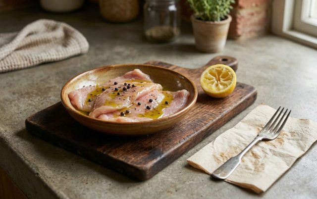 Быстрый маринад из лимонного сока и оливкового масла делает отбивные мягче без долгого вымачивания: кислота работает по волокнам, а масло не дает мясу потерять сочность при жарке.