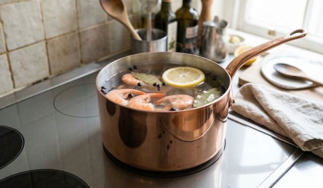 Креветки, сваренные с лимоном, лавровым листом и солью, получаются упругими и свежими по вкусу: цитрус убирает лишний запах заморозки и подчеркивает естественную сладость морепродуктов.