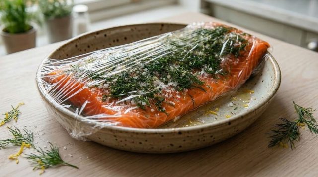 Домашний гравлакс с лимонной цедрой и укропом — это не про тяжёлую солёность, а про чистый вкус лосося: нежная текстура, легкий цитрусовый аромат и очень аккуратный баланс соли и сахара.