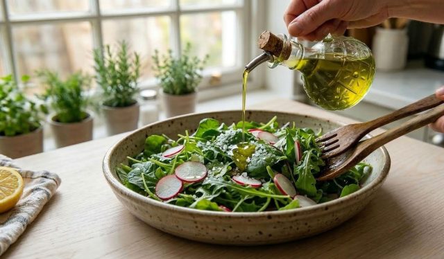 Лимонная заправка, добавленная в самом конце, помогает зеленому салату остаться хрустящим и живым: листья не обмякают раньше времени, а вкус получается чище и легче, чем с уксусом.