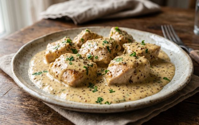 Обжаренные куски курицы, запечённые в густом сливочно-горчичном соусе. Насыщенный, обволакивающий вкус с лёгкой остротой и кремовой текстурой. Обжаренные куски курицы, запечённые в густом сливочно-горчичном соусе. Насыщенный, обволакивающий вкус с лёгкой остротой и кремовой текстурой.
