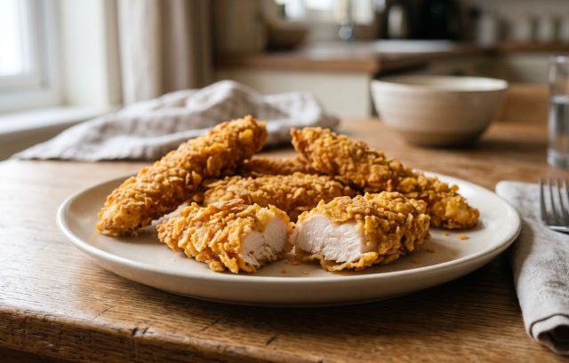 Запечённые куриные полоски с хрустящей панировкой из кукурузных хлопьев. Снаружи плотная корочка, внутри сочное мясо без лишнего жира и эффекта фритюра. Запечённые куриные полоски с хрустящей панировкой из кукурузных хлопьев. Снаружи плотная корочка, внутри сочное мясо без лишнего жира и эффекта фритюра.