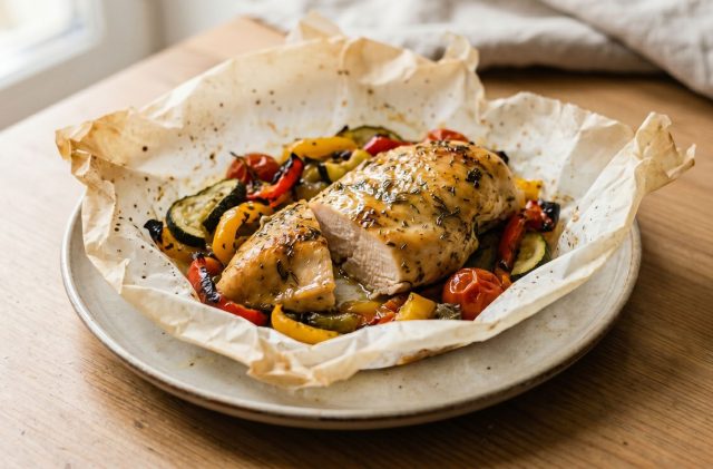 Курица, запечённая в пергаменте с овощами, готовится в собственном соку. Мясо остаётся сочным, а овощи мягкими и насыщенными вкусом. Курица, запечённая в пергаменте с овощами, готовится в собственном соку. Мясо остаётся сочным, а овощи мягкими и насыщенными вкусом.