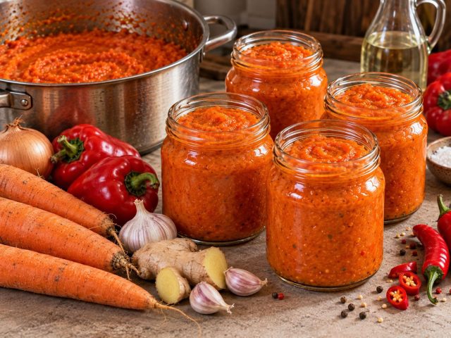 Острый морковный соус получается густым, ярким и сбалансированным без большого количества сахара. Морковь смягчает жгучесть перца, а имбирь, чеснок и уксус делают вкус выразительным.